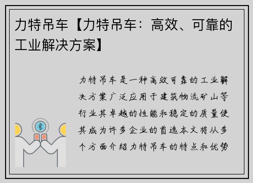 力特吊车【力特吊车：高效、可靠的工业解决方案】